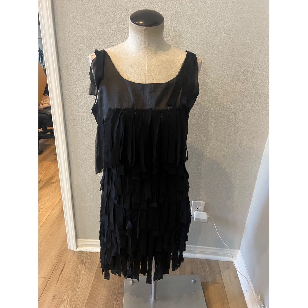 2b Bebe Womens M Black Tiered Fringe Sleeveless Mini Dress Flapper Cocktail Part